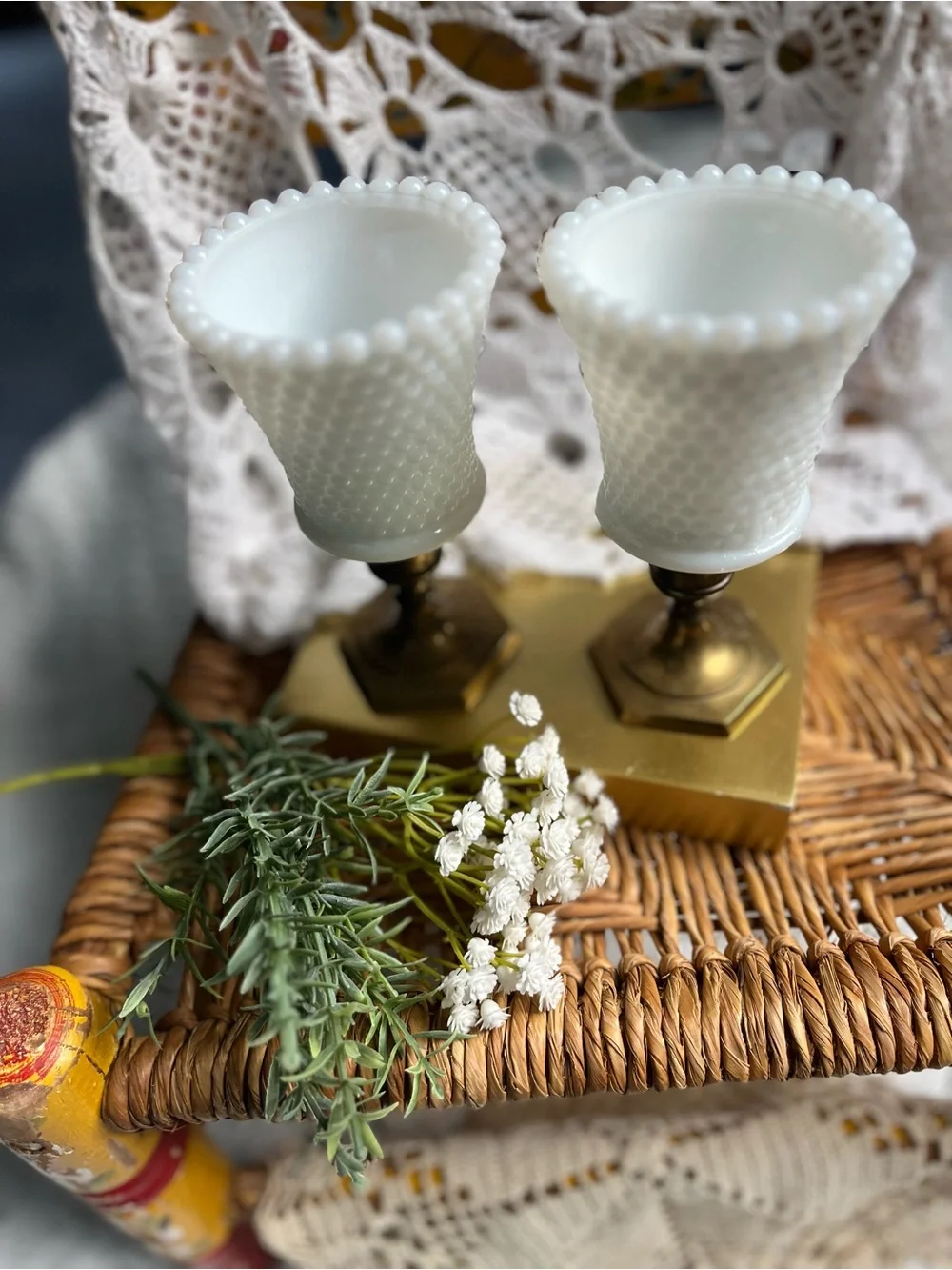 Vitg Ring of Fire Hobnail Milk Glass Peg Votives Paired with Vtg brass holders